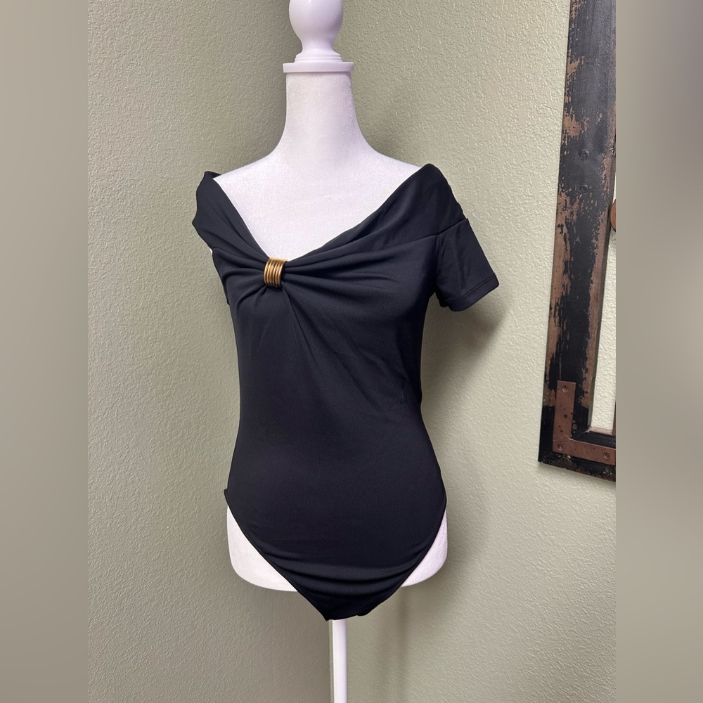 Zara black asymmetrical ruched gold embellished bodysuit